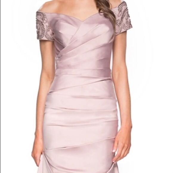 NWT LA Femme champagne colored ruched gown with beaded back and sleeves. - Picture 1 of 14